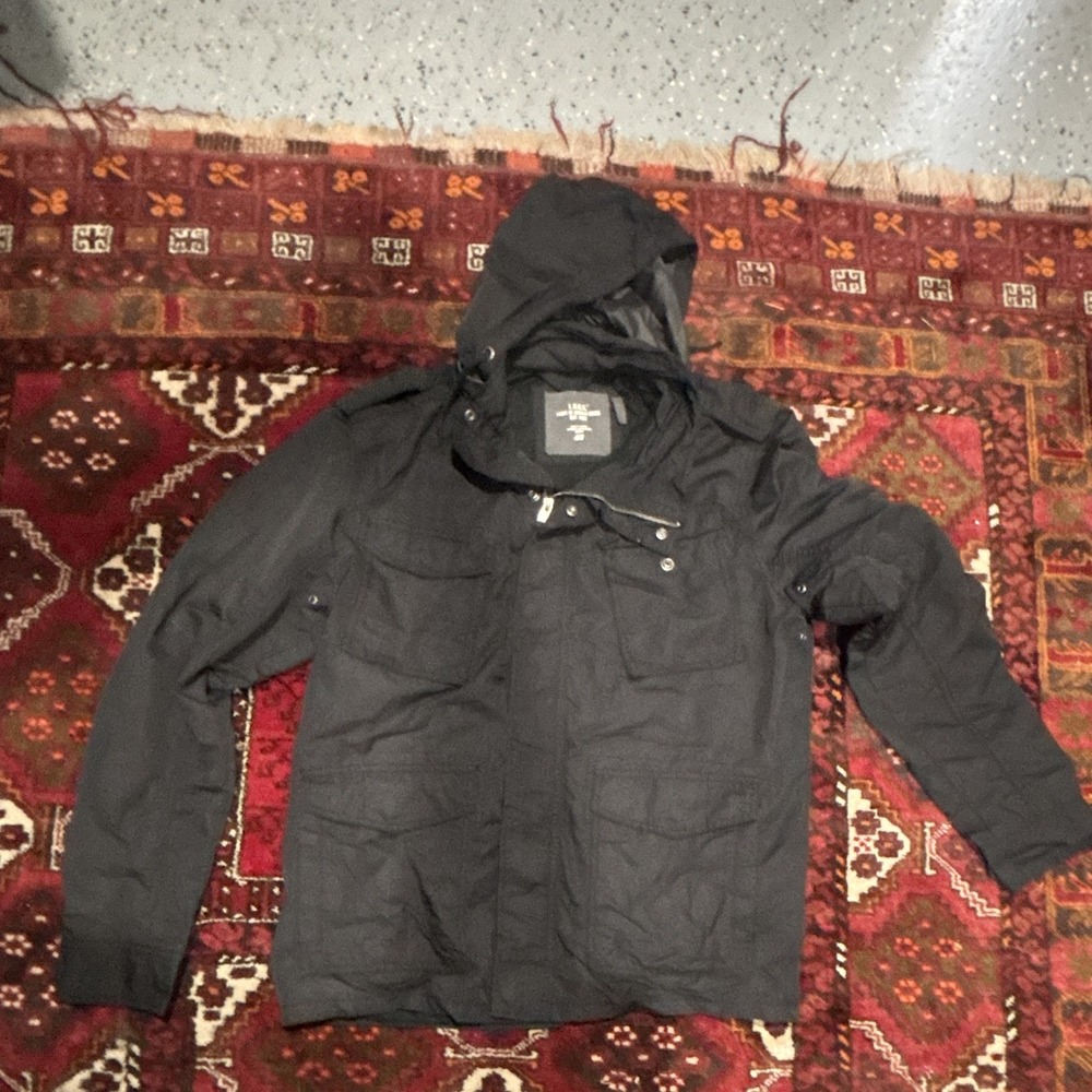 H&M Men's Black Hooded Military Jacket Cotton Full Zip Button Stand-Up 44